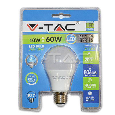 LED lemputė 10W E27 A60 šilta šviesa V-TAC