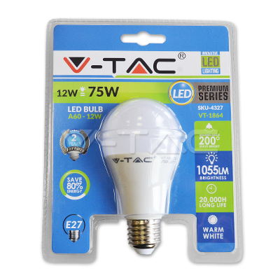 LED lemputė - 12W E27 A60 termoplastikas 2700K burbuliuke V-TAC
