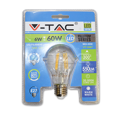 LED lemputė 6W su filamentu E27 A60 2700K V-TAC